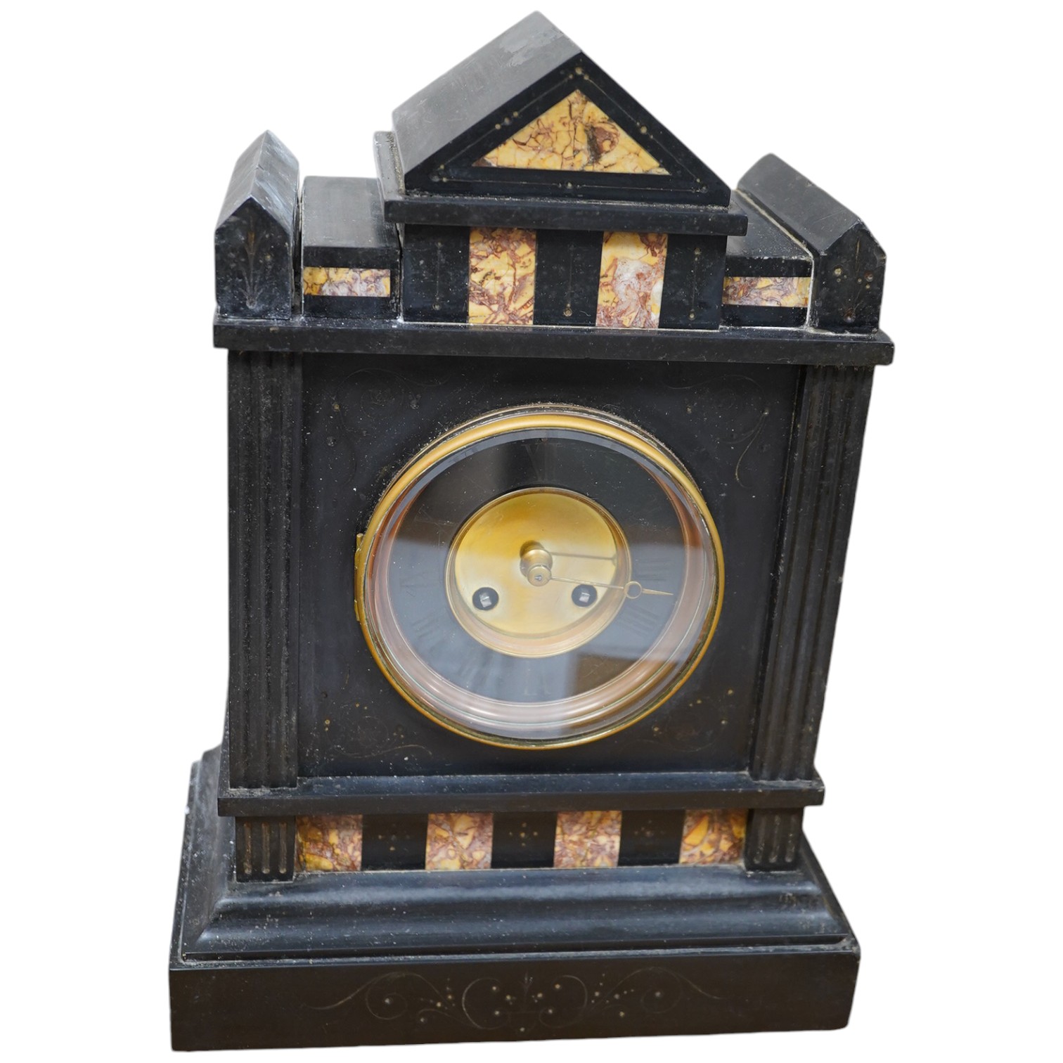 A late 19th century slate mantel clock, 38.5cm condition - poor to fair